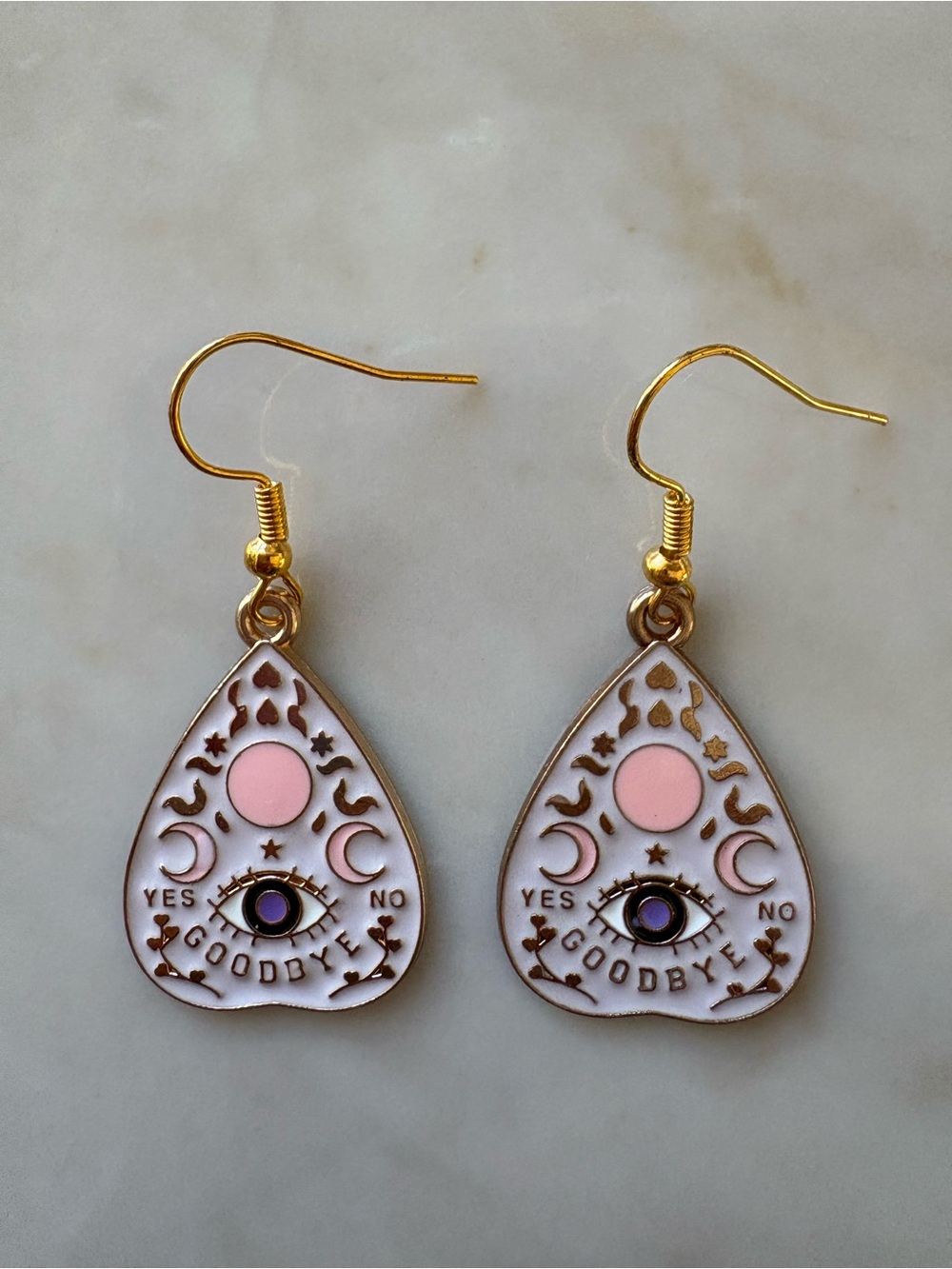 Pink Enamel Ouija Planchette Drop Earrings - Gold Tone